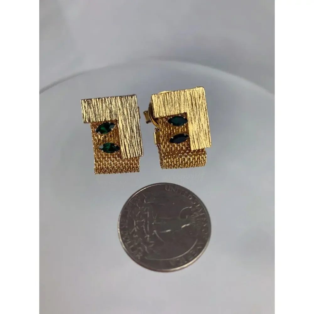 Modernist Block Green Rhinestones Gold Tone Mesh Wrap Cufflinks Vintage N1